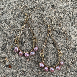 Half Hoop Earrings with Gold Chain & Pink Freshwater Pearls 