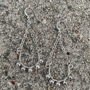 Silver Half Hoop Earrings with Chain & Matching Metal Beads