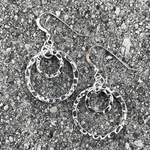 Hammered Silver Double Hoop Earrings, Stacked 