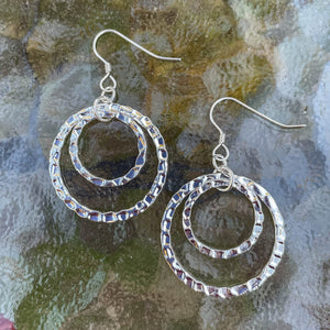 Hammered Silver Double Hoop Earrings, Stacked 