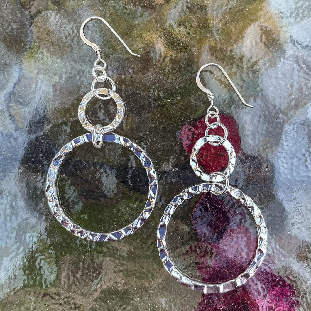 Products Hammered Silver Double Round Hoop Earrings, Vertical