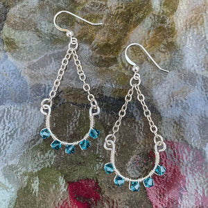 Half Hoop Earrings with Silver Chain & Turquoise Swarovski Crystals