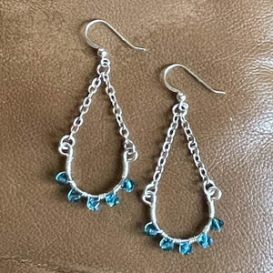 Half Hoop Earrings with Silver Chain & Turquoise Swarovski Crystals