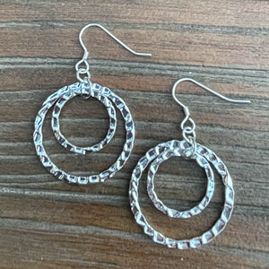 Hammered Silver Double Hoop Earrings, Stacked 