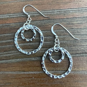 Hammered Silver Double Hoop Earrings, Stacked 