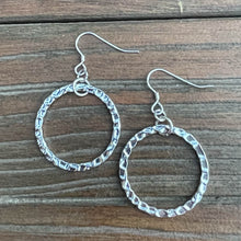 Load image into Gallery viewer, Hammered Silver Round Hoop Earrings