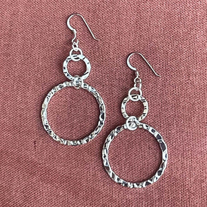 Products Hammered Silver Double Round Hoop Earrings, Vertical