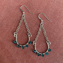 Load image into Gallery viewer, Half Hoop Earrings with Silver Chain &amp; Turquoise Swarovski Crystals