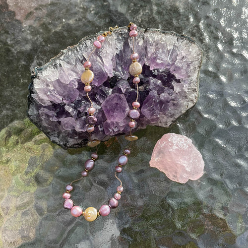 Baroque Pink & Golden Coins Freshwater Pearl Necklace on Silk Cord