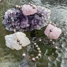 Load image into Gallery viewer, Floating Design Dove Gray Freshwater Pearl Necklace on beige silk cord with silver lobster claw clasp and silver extender chain