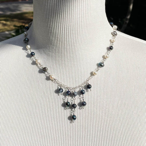 Dark Grey, White and Silver Medieval Princess Pearl Necklace 