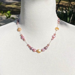 Baroque Pink & Golden Coins Freshwater Pearl Necklace on Silk Cord