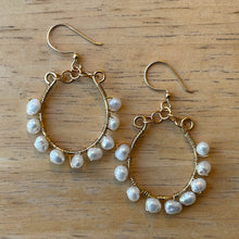 Load image into Gallery viewer, Gold U-Shaped Hoop Earrings Wrapped with White Freshwater Pearls 