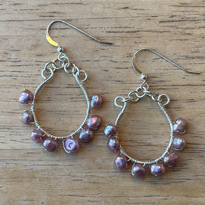 Silver U-Shaped Hoop Earrings Wrapped with Pink Freshwater Pearls 