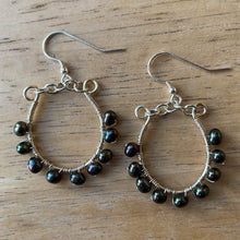 Load image into Gallery viewer, Silver U-Shaped Hoop Earrings Wrapped with Peacock Freshwater Pearls 