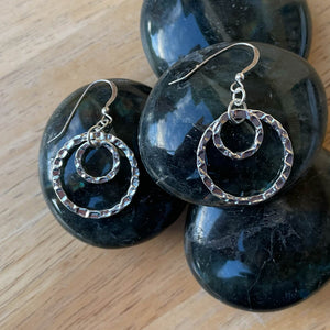 Hammered Silver Double Hoop Earrings, Stacked 