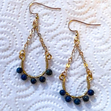 Load image into Gallery viewer, Half Hoop Earrings with Gold Chain and Lapis Lazuli Semi-Precious Gemstone Beads