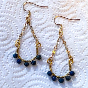 Half Hoop Earrings with Gold Chain and Lapis Lazuli Semi-Precious Gemstone Beads