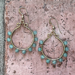 Gold Semi-Precious Gemstone-Wrapped Hoop Earrings/Green Aventurine