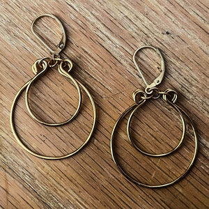 Gold Double Hoop Earrings, Hand-shaped