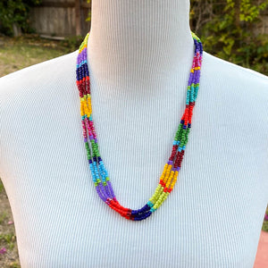 Color-Blocked Multi-Strand Beaded Necklace with silver cones and lobster claw clasp with extender chain