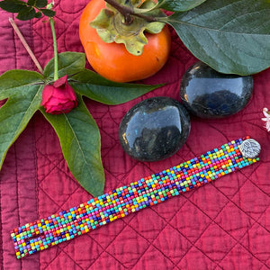 Hand-Woven Confetti Beaded Bracelet with Silver Button Closure