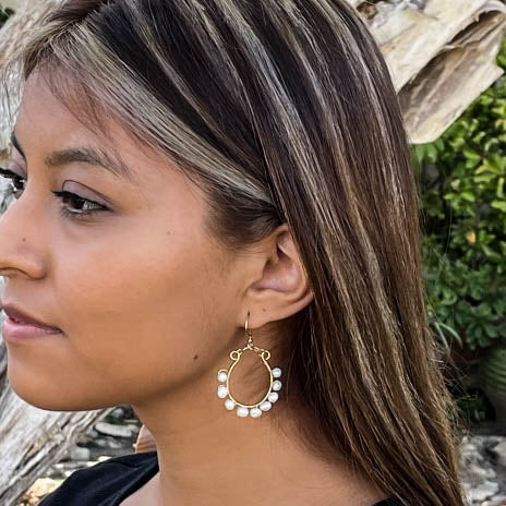 Gold U-Shaped Hoop Earrings Wrapped with White Freshwater Pearls 