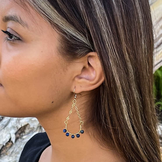 Half Hoop Earrings with Chain and Semi-Precious Gemstone Beads
