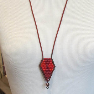 Beaded diamond necklace on leather red and brick red