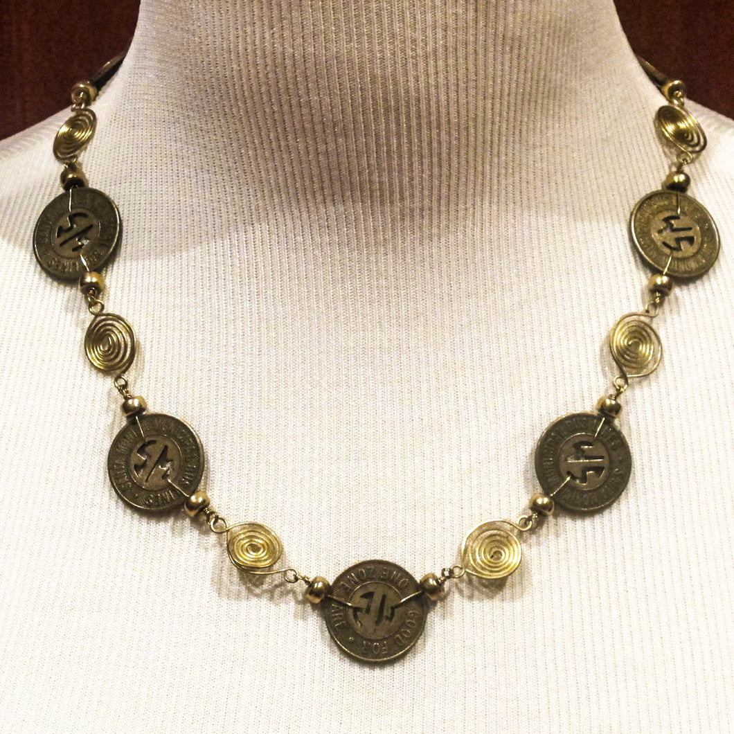Santa Monica Bus Token Necklace with Wire Spirals