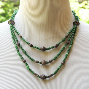 Green seed bead Multi-Level Beading Wire Necklace with single strand clasp and silver accent beads