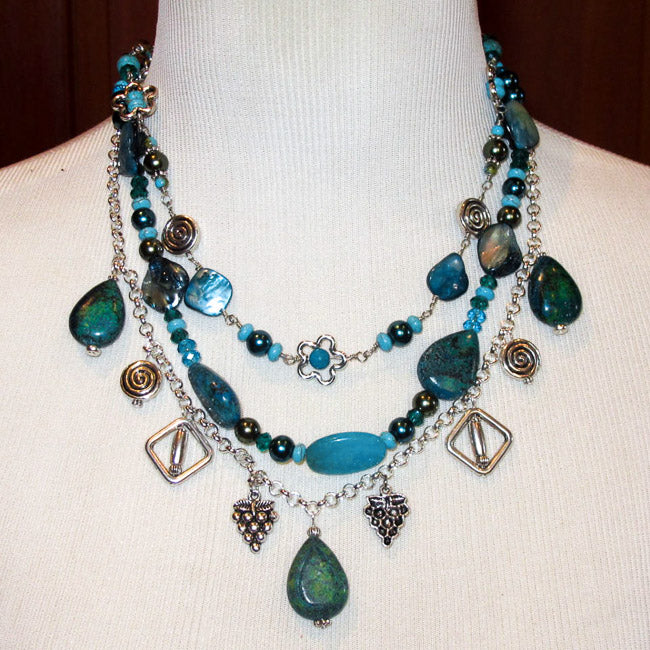 Silver and Turquoise Multi-Strand, Mixed Technique Necklace with Multi-Strand Findings and Pewter Charms