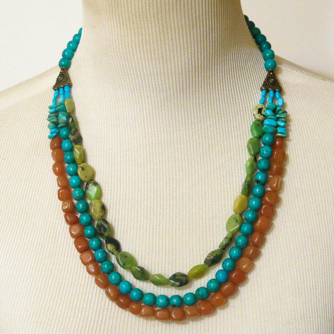 3 Layered Beaded Necklace with gemstones, carnelian, turquoise