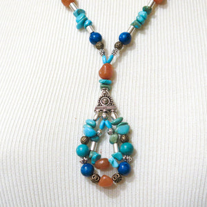 3 Layered Beaded Necklace with turuoise carnelian lapis lazuli silver finding