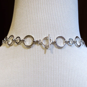 Japanese Chain Maille Bib Necklace with Silver rings and black Rubber O-Rings, silver chain and silver toggle clasp