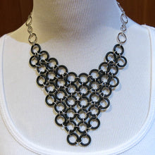 Load image into Gallery viewer, Japanese Chain Maille Bib Necklace with Silver rings and black Rubber O-Rings, silver chain