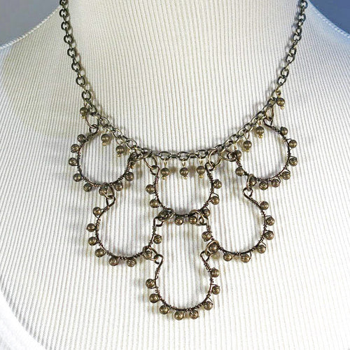 6-Loop Bead-Wrapped Necklace on chain with matching metal beads, antique brass
