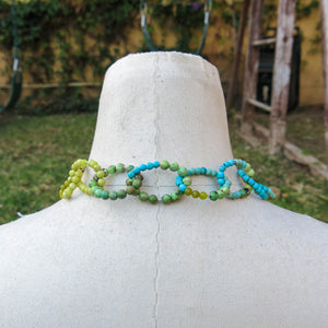Turquoise and Chartreuse Linked Loops Beading Wire Necklace
