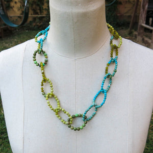 Turquoise and Chartreuse Linked Loops Beading Wire Necklace