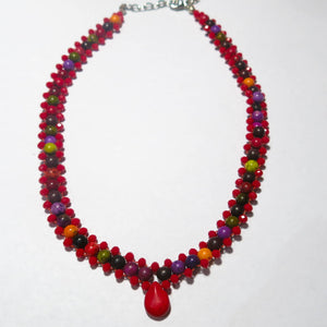 Red and multicolor gemstones cross needle weave necklace with silver lobster claw clasp