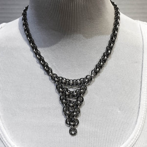 Silver and Hematite Parallel Chain Triangle Drop Chain Maille Necklace