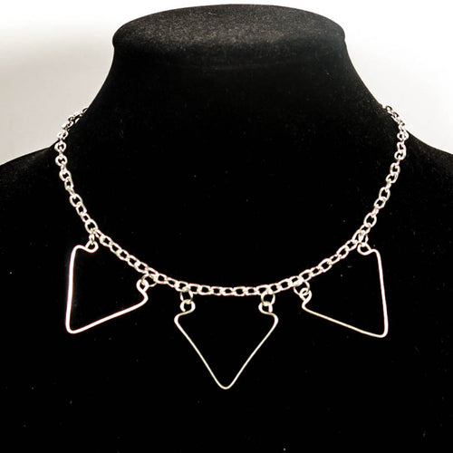 Geometric Wire Necklace with chain and triangles, silver