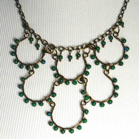 6-Loop Gemstones Necklace green aventurine with antique brass chain