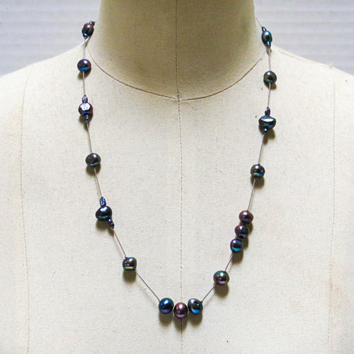 Floating Design Peacock Blue-Gray Freshwater Pearl Necklace on silk cord