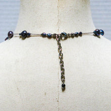 Load image into Gallery viewer, Floating Design Peacock Blue-Gray Freshwater Pearl Necklace on silk cord with lobster claw clasp and extender chain