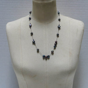 Floating Design Peacock Blue-Gray Freshwater Pearl Necklace on silk cord