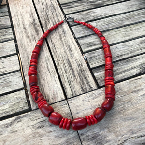 Red Coral Beaded Necklace with silver toggle clasp