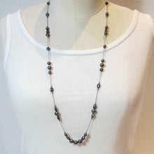 Load image into Gallery viewer, Floating Design Freshwater Pearl &amp; Textured Metal Beads Necklace on gray silk cord