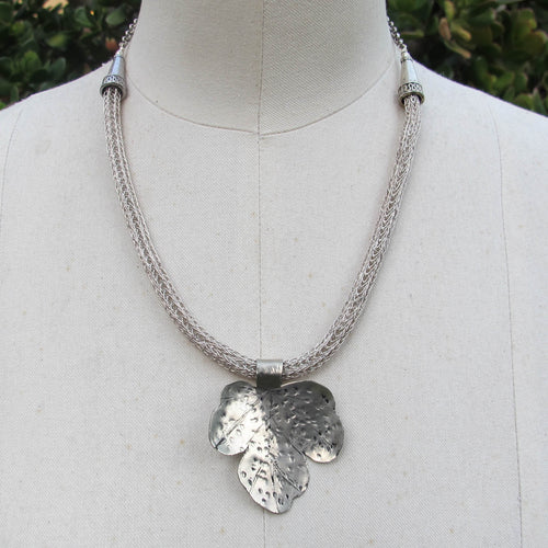 Silver Hammered Leaf Viking Knit Necklace
