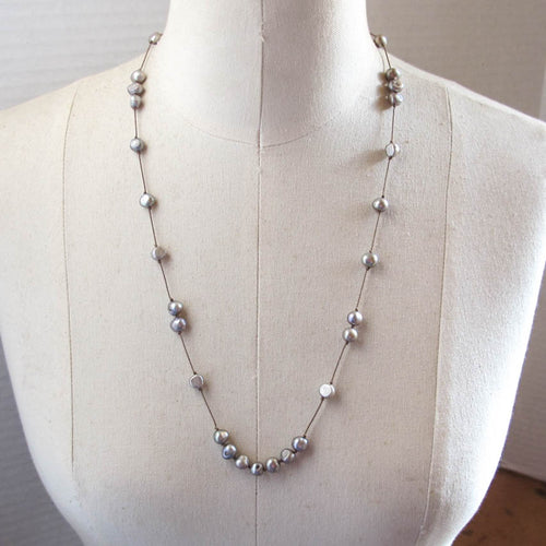 Floating Design Dove Gray Freshwater Pearl Necklace on beige silk cord